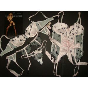 Victoria's Secret 34C BRA SET+garter slip CORSET striped PINK BLACK embroidered